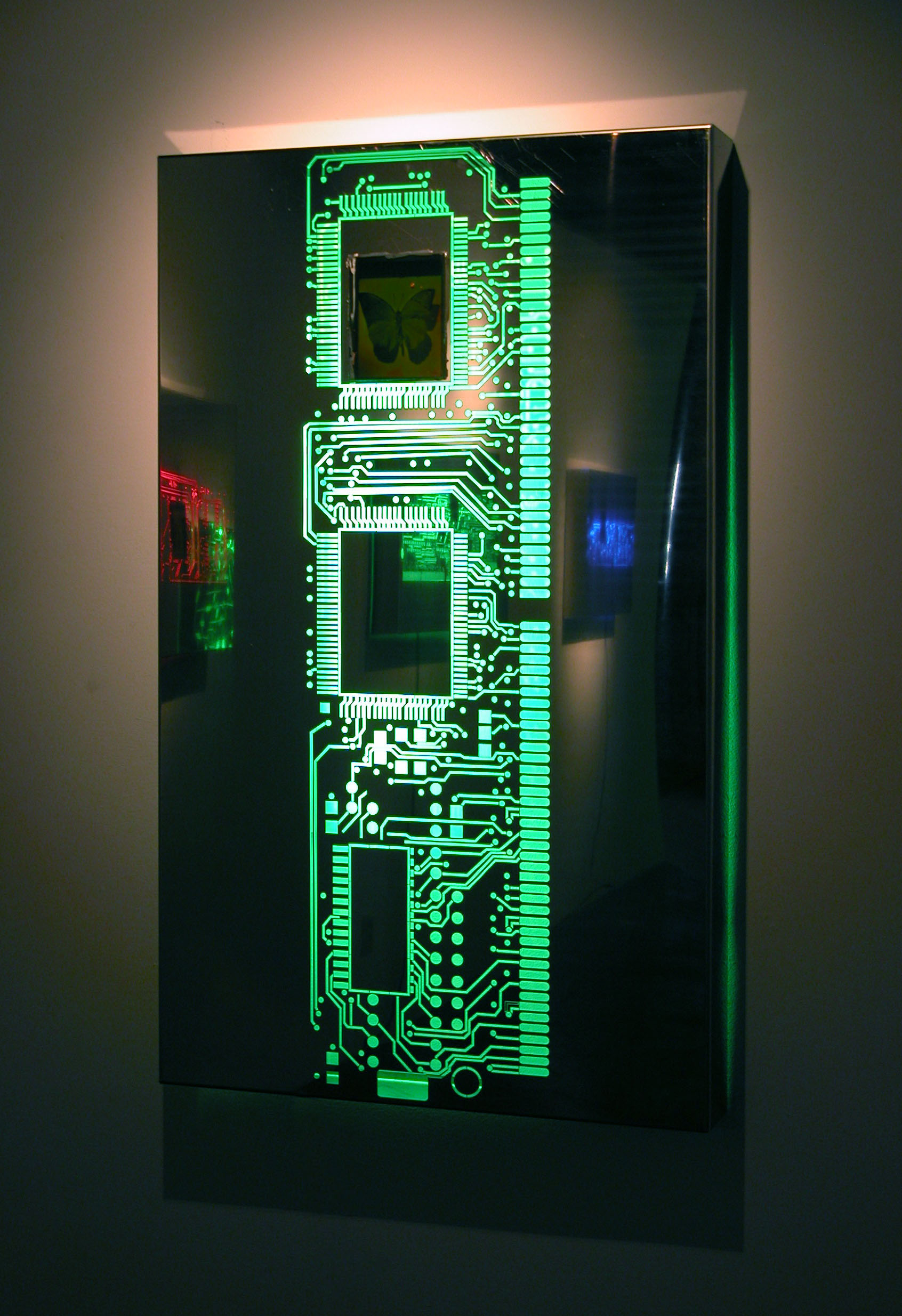 변재언, 나비와 회로, 2004, Hologram on Stainless steel, Neon